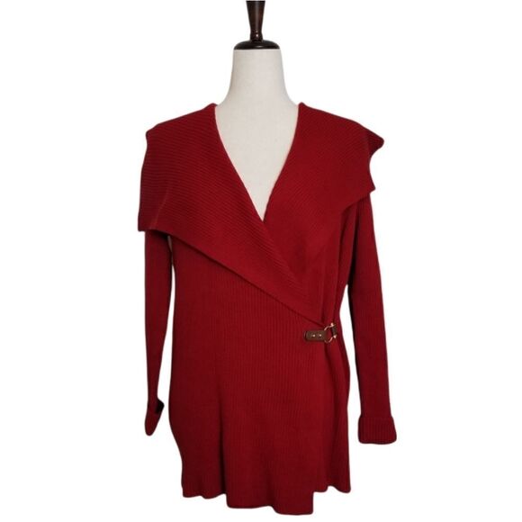Lauren Ralph Lauren Red 100% Cotton Ribbed Buckle Shawl Collar Cardigan Size S - Picture 1 of 8